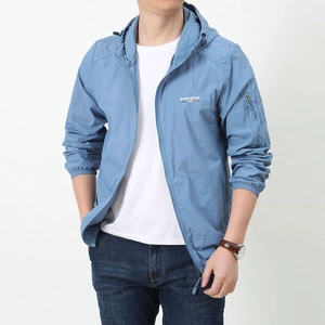Men's light blue ice silk sun protection jacket with hood for outdoor sports