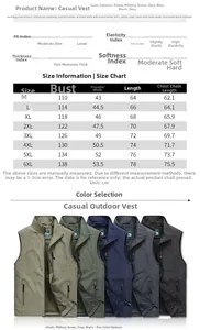 Size chart for casual multi-pocket vest including dimensions for chest and length
