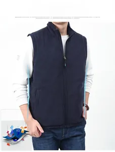 Detail view of navy fleece vest featuring a stand collar and reversible zip closure
