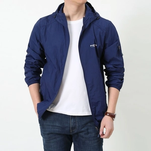 Men's navy blue ice silk summer sun protection jacket with hood and sleeve pocket