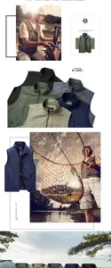 Detail view of multi-pocket outdoor vest in army green, black, khaki, navy, and dark grey
