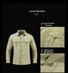 Detailed macro view of reinforced chest pockets and sturdy buttons on the tactical shirt