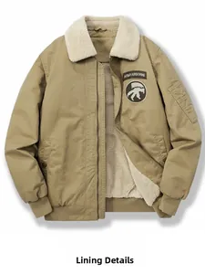 Detail of army airborne embroidery patch and sherpa lining on khaki pilot jacket