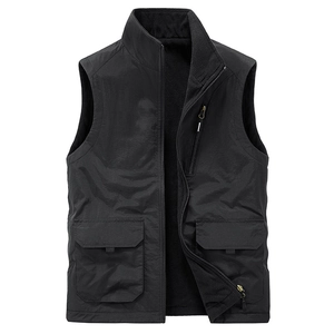 Men's reversible fleece vest with stand collar and multiple tactical pockets in black