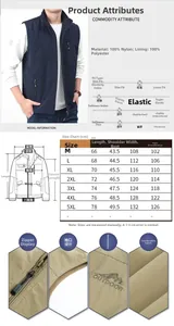 Detailed size chart for men's reversible outdoor vest with length and chest measurements