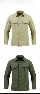 Flat lay detail of outdoor long-sleeve shirts in khaki and army green colors