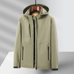 Men's sage green outdoor windbreaker jacket with detachable hood and breathable mesh lining
