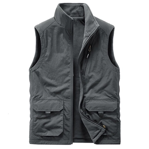 Men's outdoor dark grey fleece vest with multi-pockets and windproof stand collar