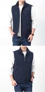Detail of dark blue outdoor vest showing stand-up collar and secure zipper pockets
