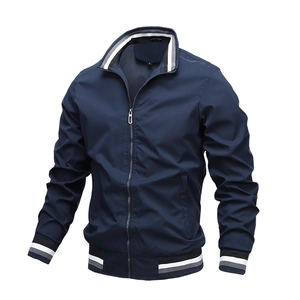 Classic dark blue men's bomber jacket with striped ribbed cuffs and collar detailing