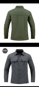 Flat lay detail of outdoor tactical shirts in army green and grey with dual chest pockets