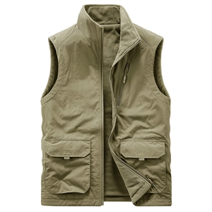Men's reversible polar fleece vest with standing collar and multiple utility pockets