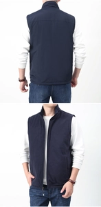 Front and back view of a dark blue stand-collar vest with zipper and side pockets