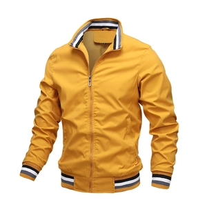 Men's bright yellow casual jacket with striped ribbed collar and zipper closure