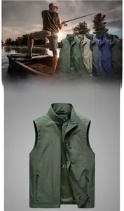Detail view of army green outdoor vest with zipper pockets and mountain embroidery