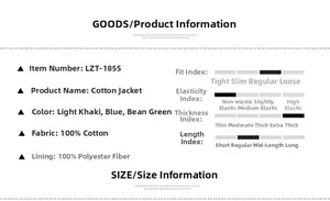 Detailed size chart and fabric specifications for men's winter cotton jacket