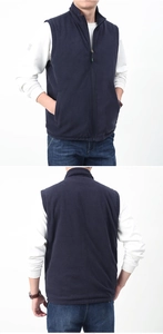 Detail view of the navy polar fleece vest featuring a stand collar and full zipper closure