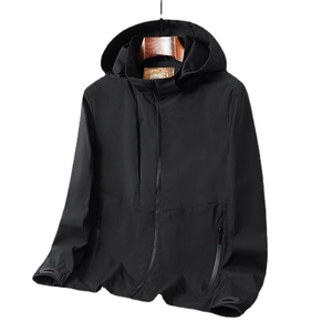Men's outdoor black hooded windbreaker with waterproof zippers and adjustable cuffs