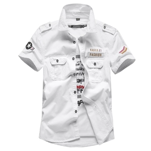 Men Military Cargo Short Sleeve Shirt 100% Cotton Slim Fit Button Down Casual Top With Badges And Epaulets For Outdoor Daily Wear