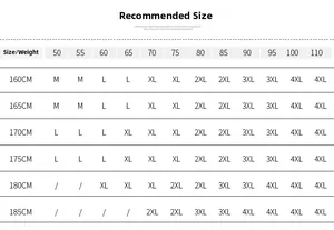 Detailed size recommendation chart for men's winter jacket with height and weight guide