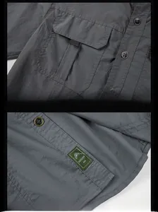 Detail view of dark grey outdoor shirt with tactical pockets and outdoor label