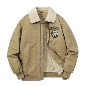 Men's khaki flight jacket with warm fleece collar and military-style airborne patches