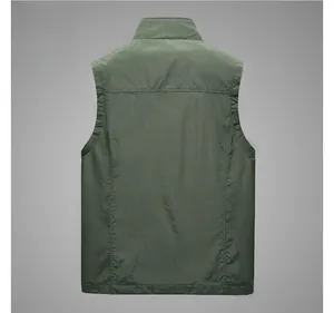 Back view of a casual outdoor vest for men in olive green with functional stitching