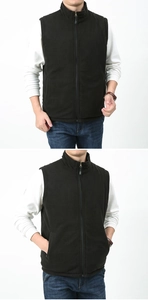 Detail of men's black fleece vest with stand collar showing soft texture and zip-up design