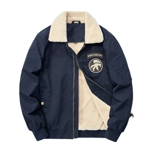 Navy blue winter pilot jacket with fleece lining and army airborne embroidery patch