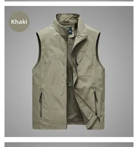 Detail view of khaki outdoor vest featuring a stand collar and breathable mesh lining