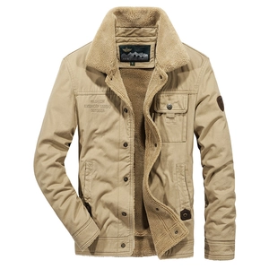 Men's khaki workwear jacket with thick faux shearling lining and collar detail