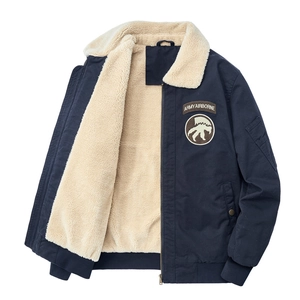 Men's navy blue military pilot jacket with warm fleece lining and bomber style design