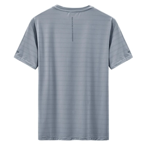 Back view of men's grey ice silk t-shirt with geometric stripes and quick-dry fabric