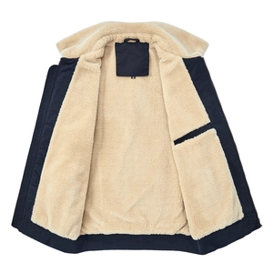 Deep blue men's worker jacket with warm lamb fleece lining and a classic wide collar