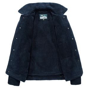 Men's dark blue thick winter jacket with warm sherpa fleece lining and metal buttons