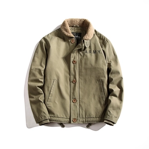 Close-up of olive green sherpa collar jacket with ARMY print and button closure