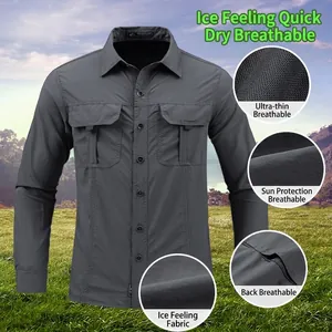 Men's Outdoor Quick Dry Long Sleeve Shirt Nylon Breathable Sun Protection Waterproof Tactical Work Cargo Button Down Top