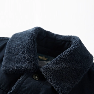 Men's dark blue winter jacket with warm sherpa fleece collar and embossed metal buttons