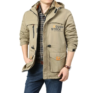Men's khaki hooded outdoor fleece jacket with warm plaid lining and multi-pocket design