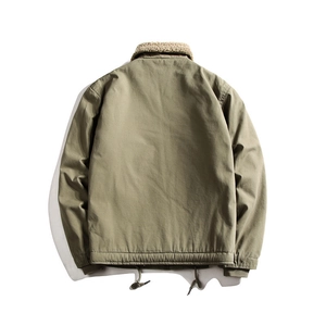 Rear view of winter cargo jacket showing khaki lamb wool collar and adjustable drawstring hem