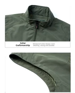 Detail of army green outdoor vest showing windproof stand collar and breathable mesh lining