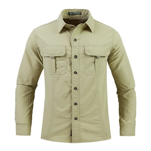 Men's lightweight khaki outdoor quick-dry long sleeve shirt with tactical pockets