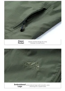 Detail of outdoor vest featuring army green fabric, zip pocket and mountain embroidery