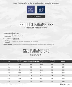 Size chart for men's fleece denim jacket showing measurements from L up to 6XL sizes