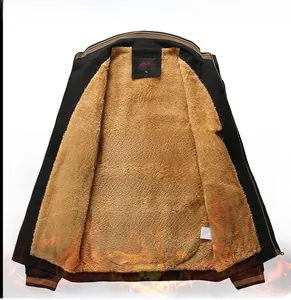 Detail view of men's washed cotton jacket showing thick brown fleece lining and size L tag