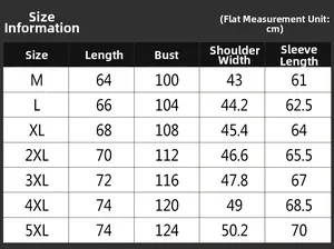 Size chart for men's casual jacket showing chest, length, and shoulder specs in cm
