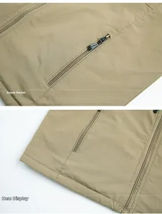 Detail of khaki men's vest with sports zipper puller and high-quality stitching hem