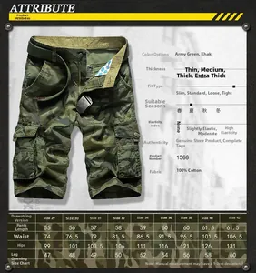 Detailed size chart for men's cotton camouflage cargo shorts showing waist and hip measurements