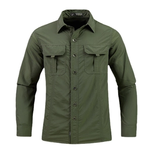 Mens lightweight quick dry long sleeve outdoor tactical shirt in olive green with chest pockets