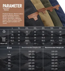 Detaillierte Größentabelle für Herren Winterbaumwolljacke von Größe L bis 6XL mit Maßen